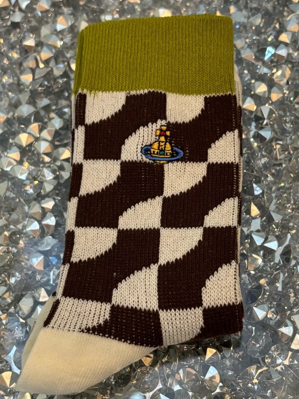 Vivienne Westwood Orb Checkerboard Crew Socks | Brown & Cream | One Size | Rare